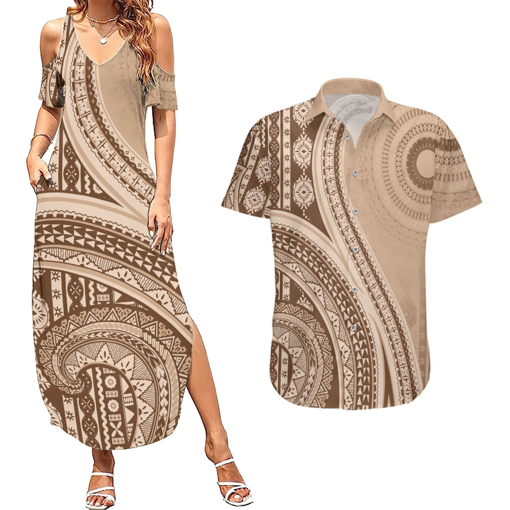 Bula Fiji Vintage Tapa Couples Matching Summer Maxi Dress and Hawaiian Shirt Kaivity Masi Wave Motifs - Mocha LT7 Beige - Polynesian Pride