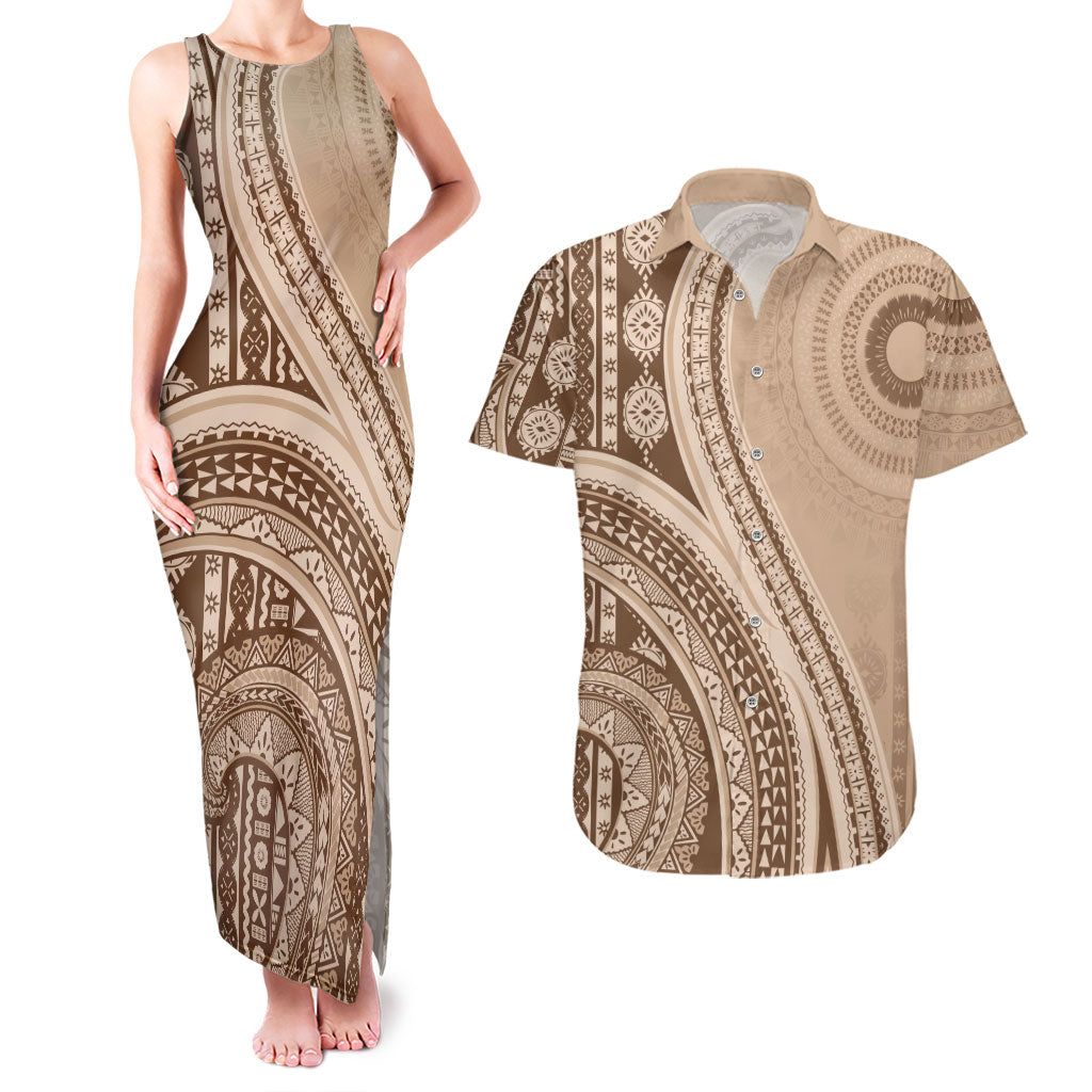 Bula Fiji Vintage Tapa Couples Matching Tank Maxi Dress and Hawaiian Shirt Kaivity Masi Wave Motifs - Mocha
