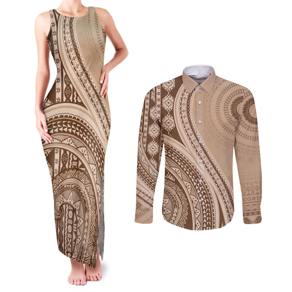 Bula Fiji Vintage Tapa Couples Matching Tank Maxi Dress and Long Sleeve Button Shirt Kaivity Masi Wave Motifs - Mocha