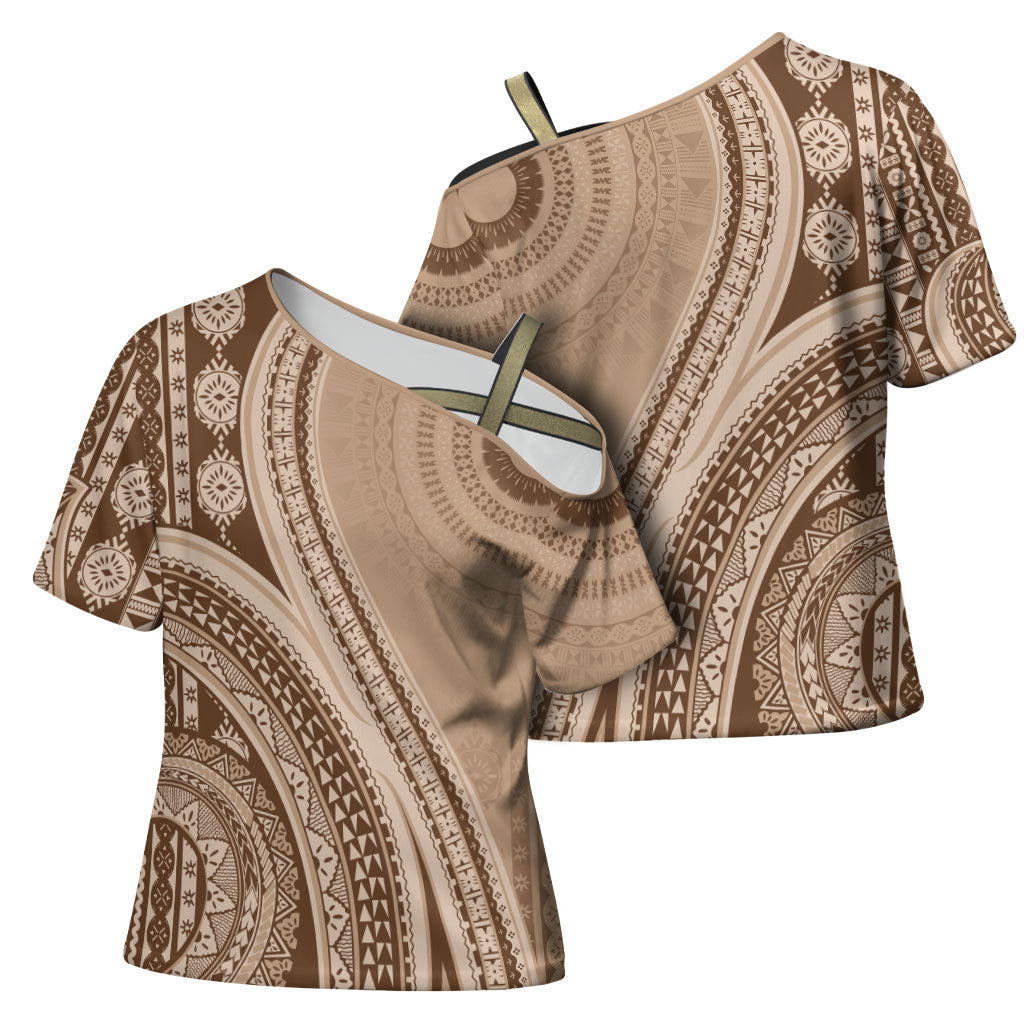 Bula Fiji Vintage Tapa Cross Shoulder Shirt Kaivity Masi Wave Motifs - Mocha