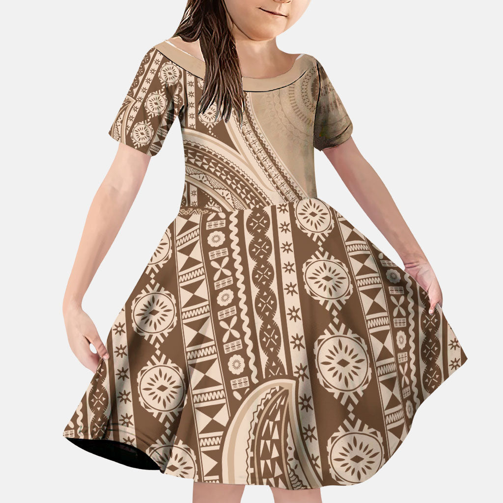 Bula Fiji Vintage Tapa Family Matching Long Sleeve Bodycon Dress and Hawaiian Shirt Kaivity Masi Wave Motifs - Mocha