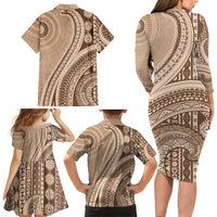 Bula Fiji Vintage Tapa Family Matching Long Sleeve Bodycon Dress and Hawaiian Shirt Kaivity Masi Wave Motifs - Mocha