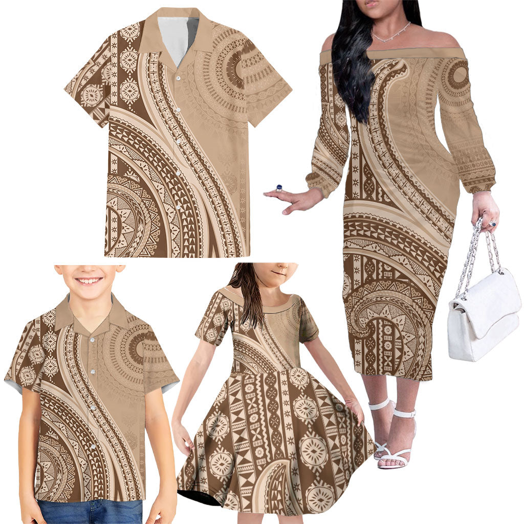 Bula Fiji Vintage Tapa Family Matching Off The Shoulder Long Sleeve Dress and Hawaiian Shirt Kaivity Masi Wave Motifs - Mocha