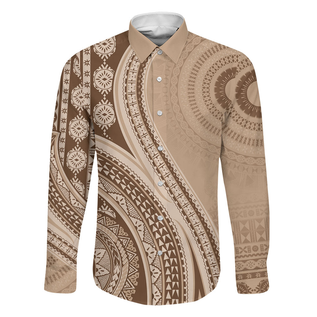 Bula Fiji Vintage Tapa Family Matching Off The Shoulder Long Sleeve Dress and Hawaiian Shirt Kaivity Masi Wave Motifs - Mocha