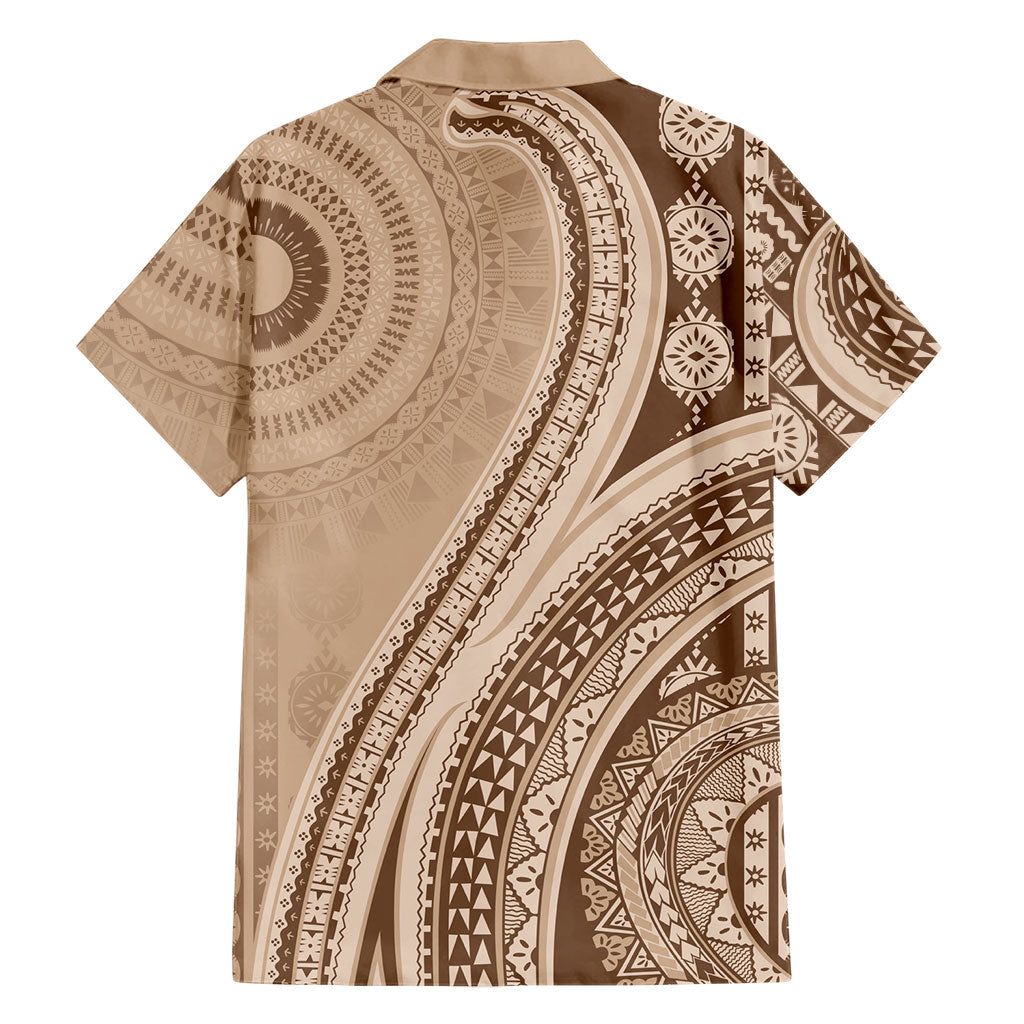 Bula Fiji Vintage Tapa Family Matching Off Shoulder Maxi Dress and Hawaiian Shirt Kaivity Masi Wave Motifs - Mocha LT7 - Polynesian Pride