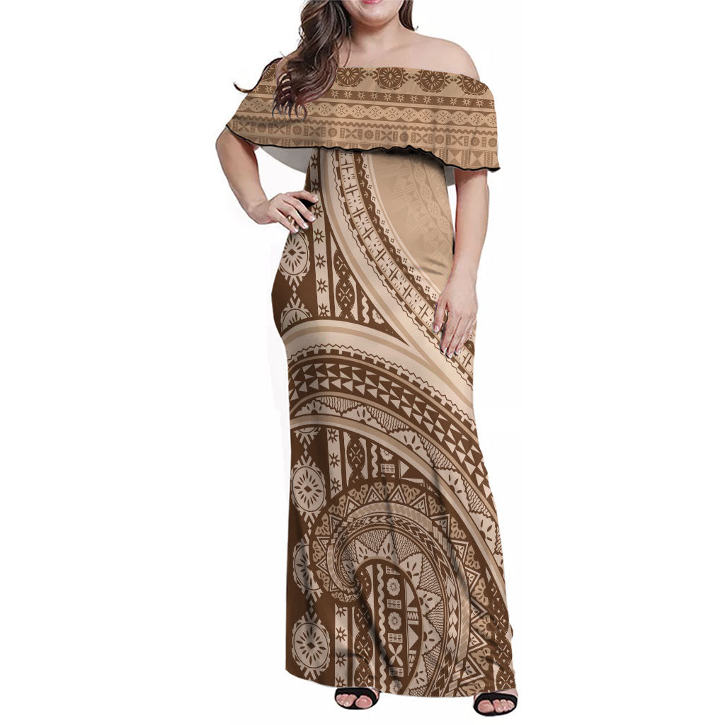 Bula Fiji Vintage Tapa Family Matching Off Shoulder Maxi Dress and Hawaiian Shirt Kaivity Masi Wave Motifs - Mocha LT7 Mom's Dress Beige - Polynesian Pride