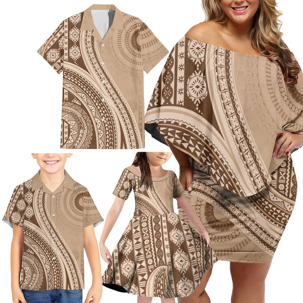 Bula Fiji Vintage Tapa Family Matching Off Shoulder Short Dress and Hawaiian Shirt Kaivity Masi Wave Motifs - Mocha LT7 - Polynesian Pride