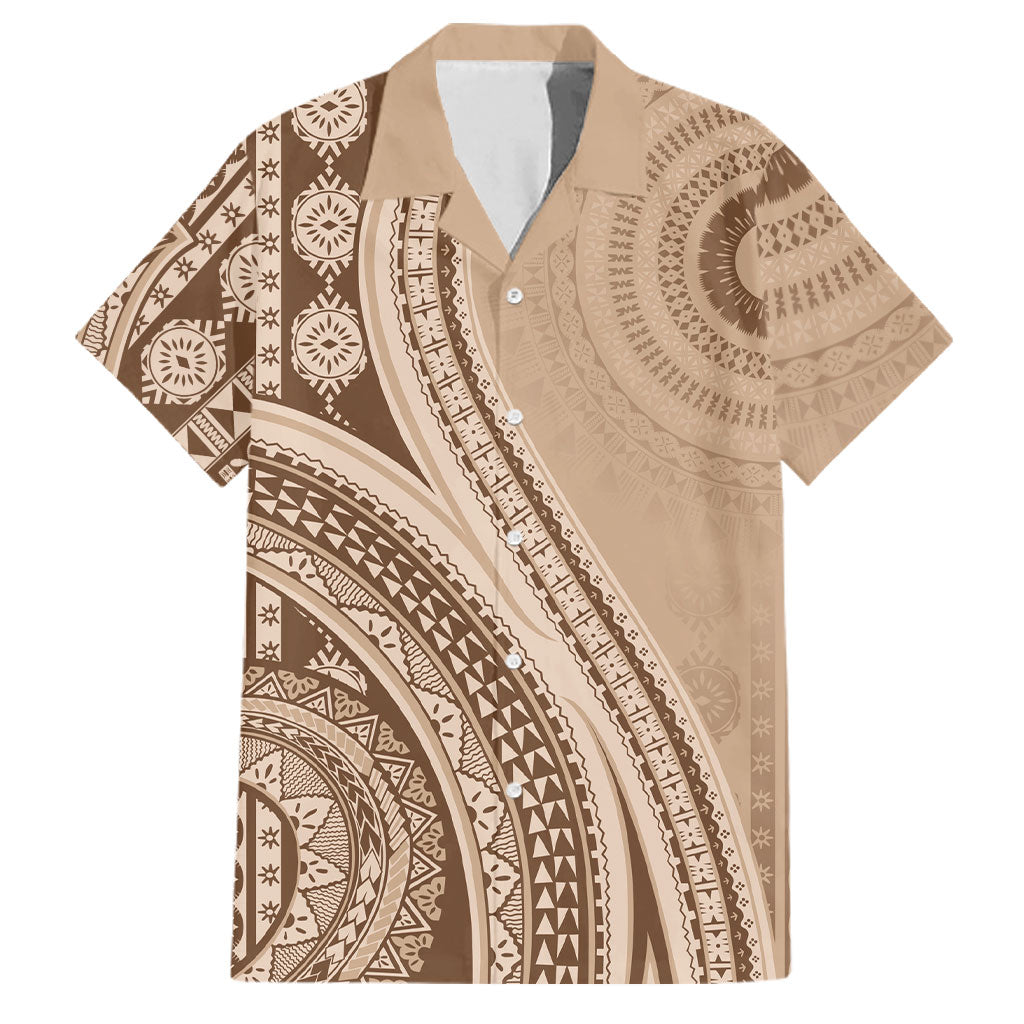 Bula Fiji Vintage Tapa Family Matching Off Shoulder Short Dress and Hawaiian Shirt Kaivity Masi Wave Motifs - Mocha LT7 Dad's Shirt - Short Sleeve Beige - Polynesian Pride