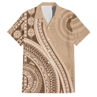 Bula Fiji Vintage Tapa Family Matching Off Shoulder Short Dress and Hawaiian Shirt Kaivity Masi Wave Motifs - Mocha LT7 Dad's Shirt - Short Sleeve Beige - Polynesian Pride