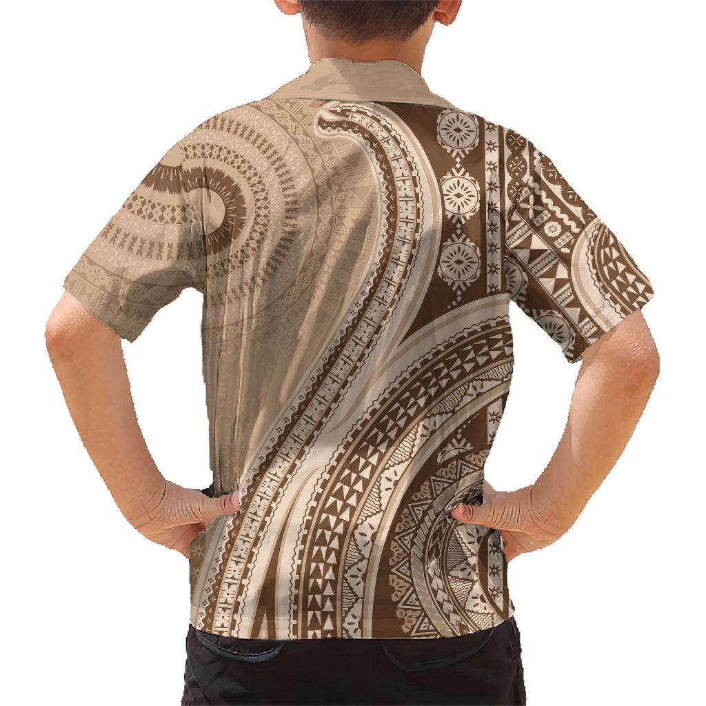 Bula Fiji Vintage Tapa Family Matching Puletasi and Hawaiian Shirt Kaivity Masi Wave Motifs - Mocha LT7 - Polynesian Pride