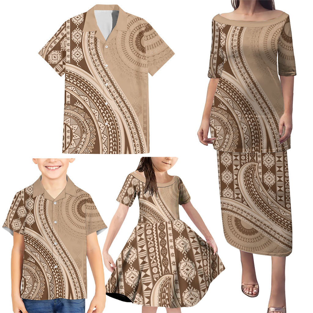 Bula Fiji Vintage Tapa Family Matching Puletasi and Hawaiian Shirt Kaivity Masi Wave Motifs - Mocha