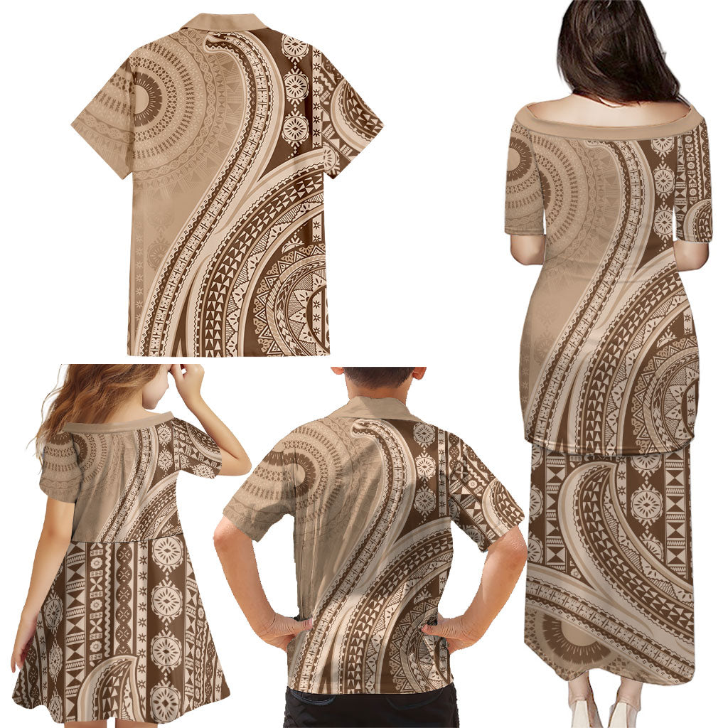 Bula Fiji Vintage Tapa Family Matching Puletasi and Hawaiian Shirt Kaivity Masi Wave Motifs - Mocha LT7 - Polynesian Pride
