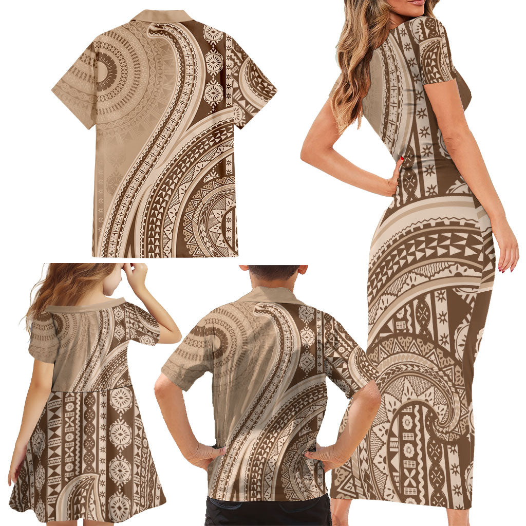 Bula Fiji Vintage Tapa Family Matching Short Sleeve Bodycon Dress and Hawaiian Shirt Kaivity Masi Wave Motifs - Mocha