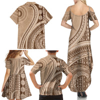 Bula Fiji Vintage Tapa Family Matching Summer Maxi Dress and Hawaiian Shirt Kaivity Masi Wave Motifs - Mocha LT7 - Polynesian Pride