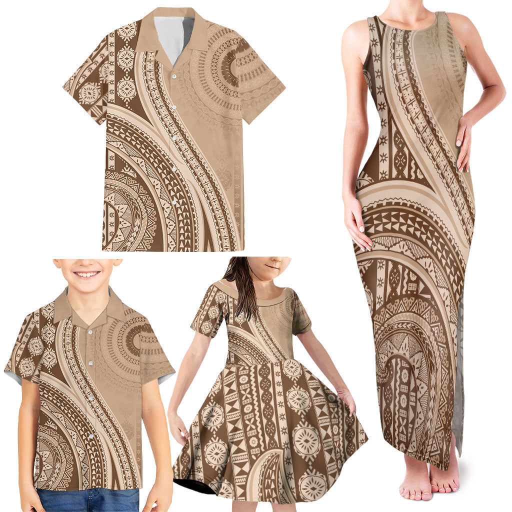 Bula Fiji Vintage Tapa Family Matching Tank Maxi Dress and Hawaiian Shirt Kaivity Masi Wave Motifs - Mocha