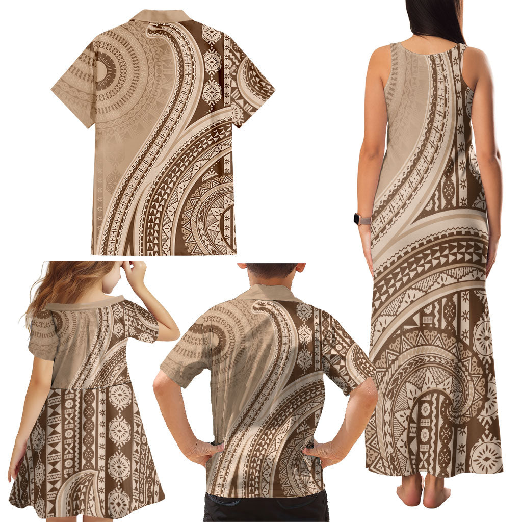 Bula Fiji Vintage Tapa Family Matching Tank Maxi Dress and Hawaiian Shirt Kaivity Masi Wave Motifs - Mocha