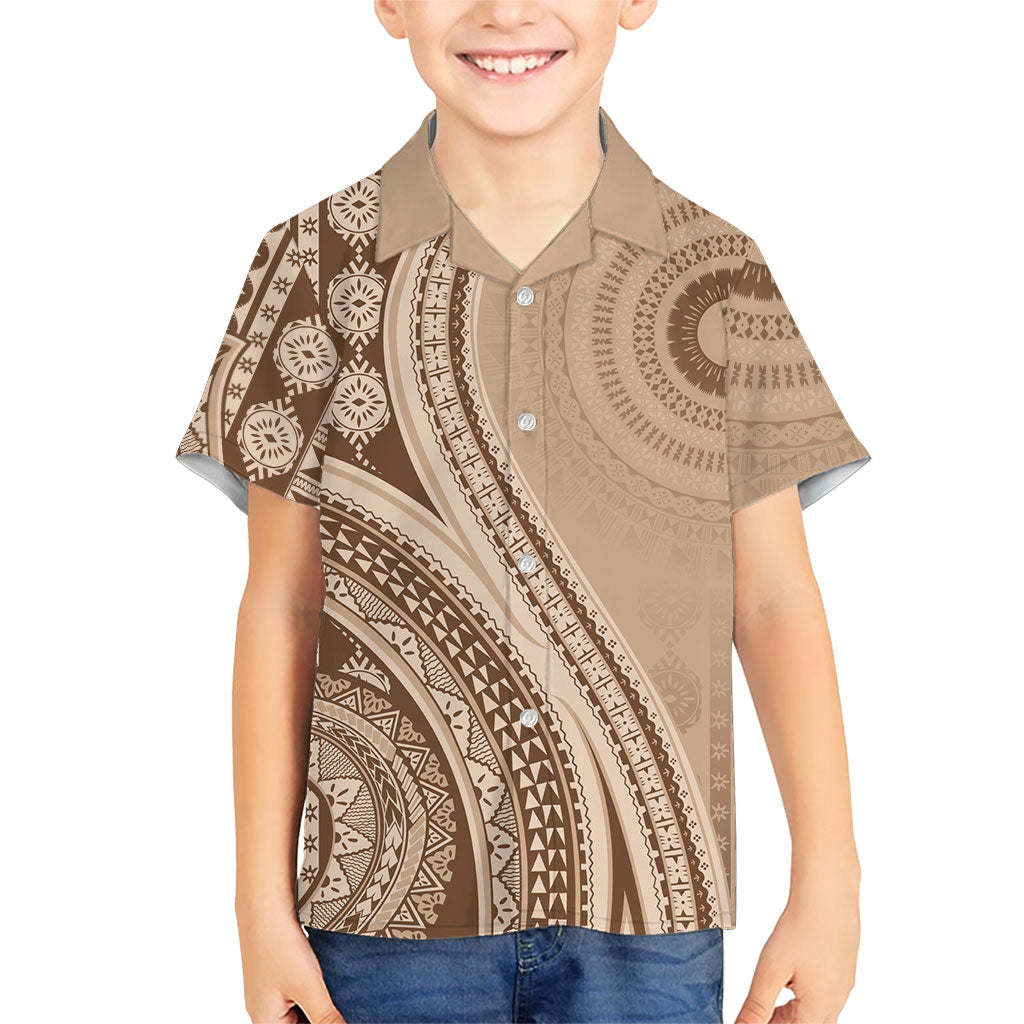 Bula Fiji Vintage Tapa Family Matching Tank Maxi Dress and Hawaiian Shirt Kaivity Masi Wave Motifs - Mocha