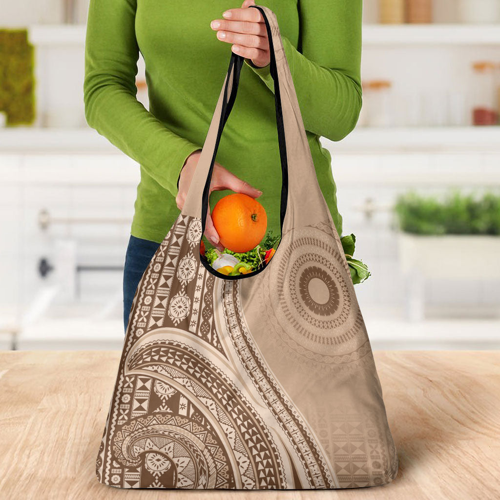 Bula Fiji Vintage Tapa Grocery Bag Kaivity Masi Wave Motifs - Mocha
