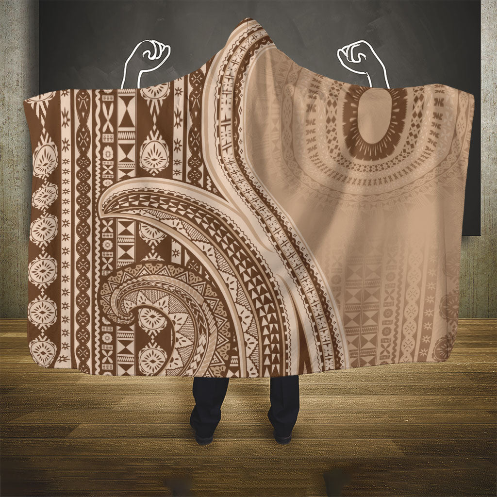 Bula Fiji Vintage Tapa Hooded Blanket Kaivity Masi Wave Motifs - Mocha