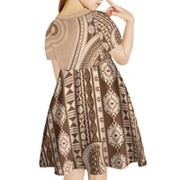 Bula Fiji Vintage Tapa Kid Short Sleeve Dress Kaivity Masi Wave Motifs - Mocha