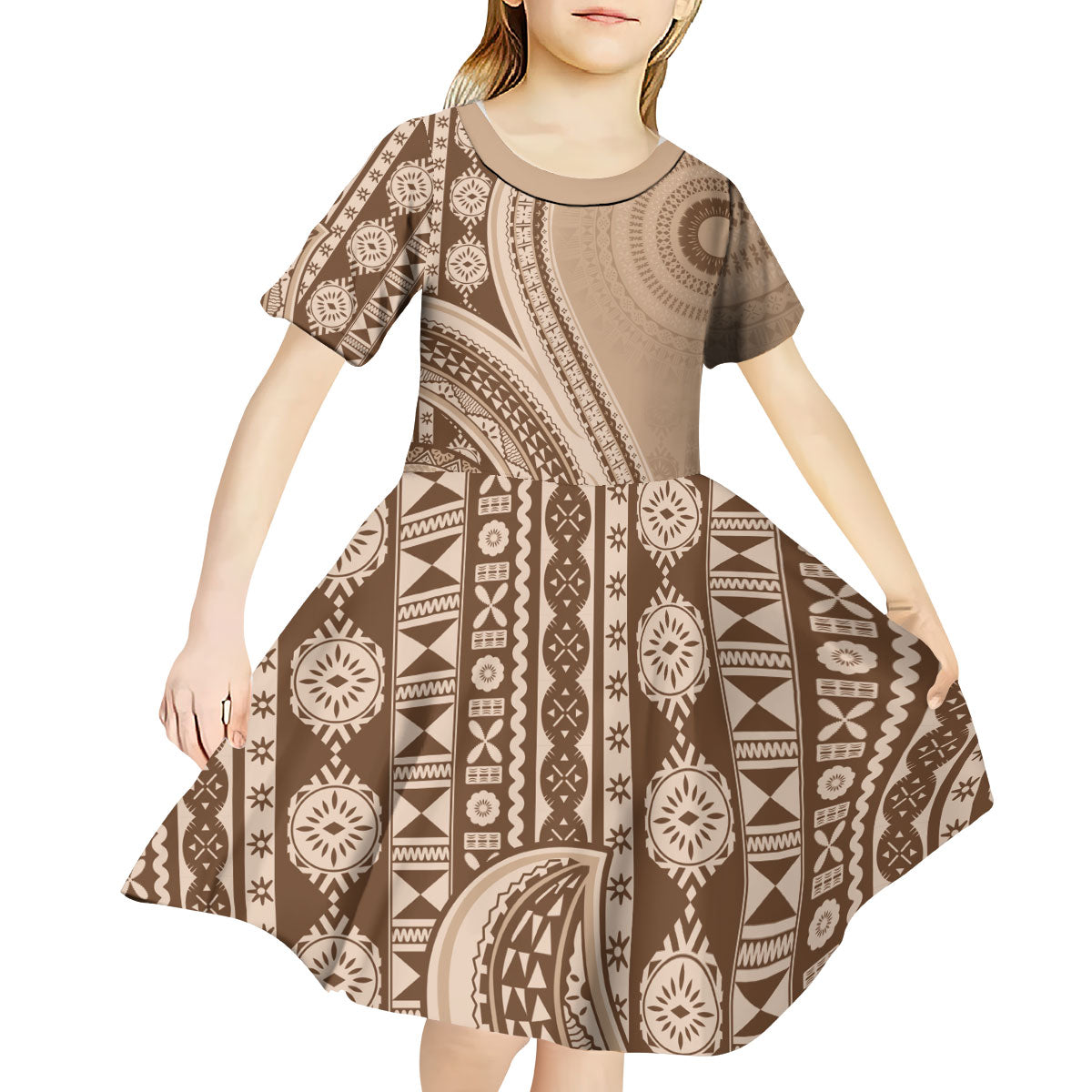 Bula Fiji Vintage Tapa Kid Short Sleeve Dress Kaivity Masi Wave Motifs - Mocha