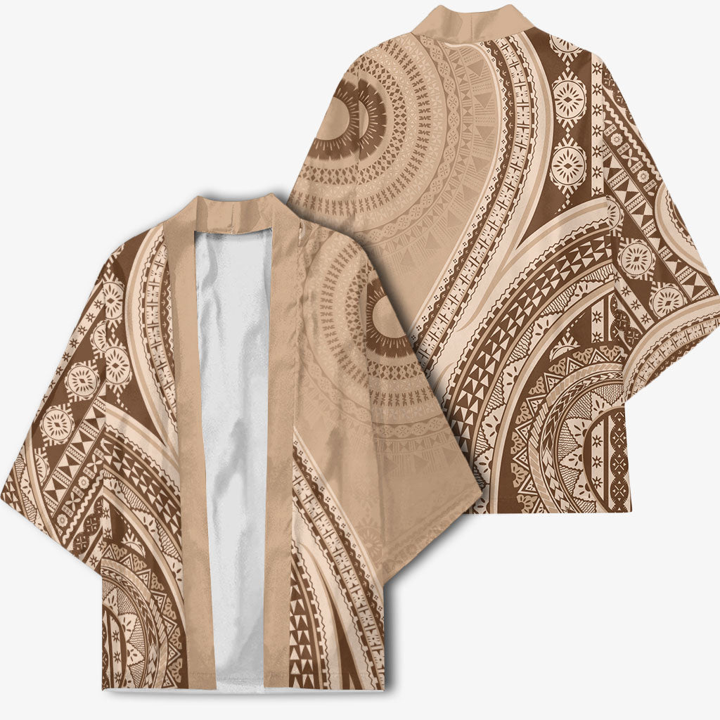 Bula Fiji Vintage Tapa Kimono Kaivity Masi Wave Motifs - Mocha