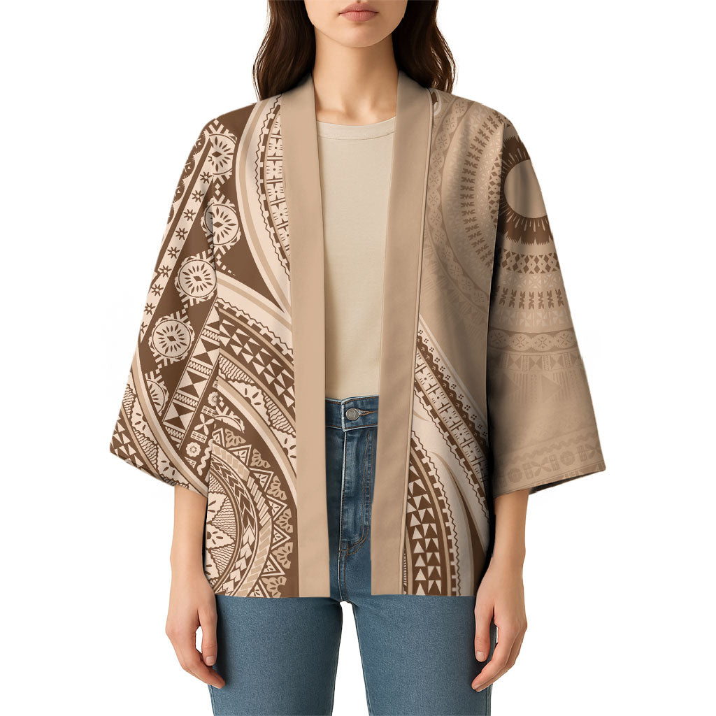 Bula Fiji Vintage Tapa Kimono Kaivity Masi Wave Motifs - Mocha