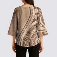 Bula Fiji Vintage Tapa Kimono Sleeve Blouse Kaivity Masi Wave Motifs - Mocha