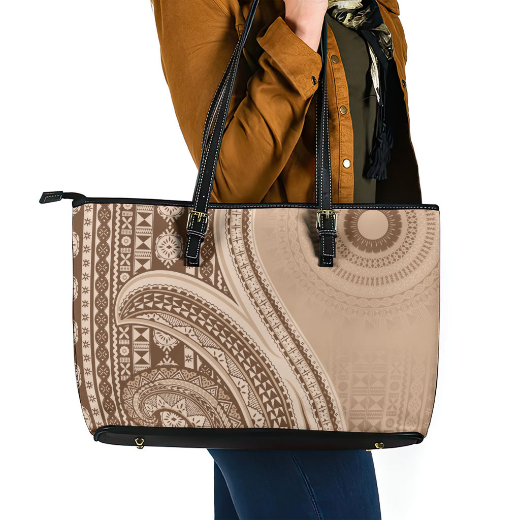 Bula Fiji Vintage Tapa Leather Tote Bag Kaivity Masi Wave Motifs - Mocha