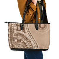 Bula Fiji Vintage Tapa Leather Tote Bag Kaivity Masi Wave Motifs - Mocha