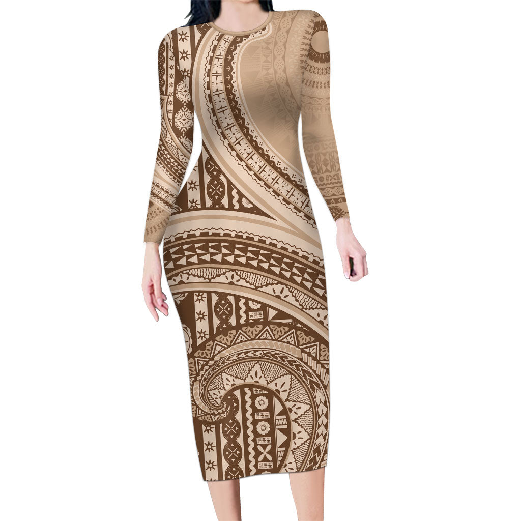 Bula Fiji Vintage Tapa Long Sleeve Bodycon Dress Kaivity Masi Wave Motifs - Mocha