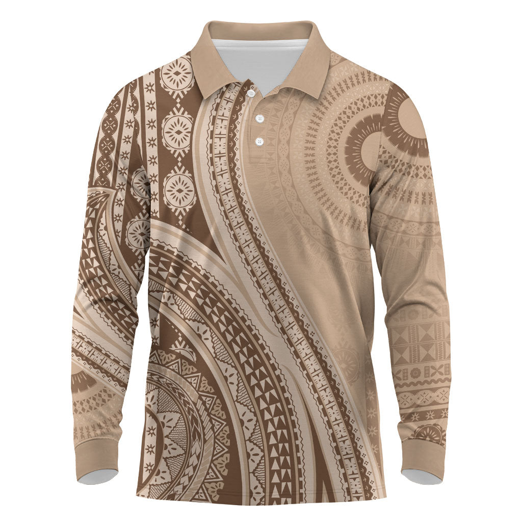 Bula Fiji Vintage Tapa Long Sleeve Polo Shirt Kaivity Masi Wave Motifs - Mocha