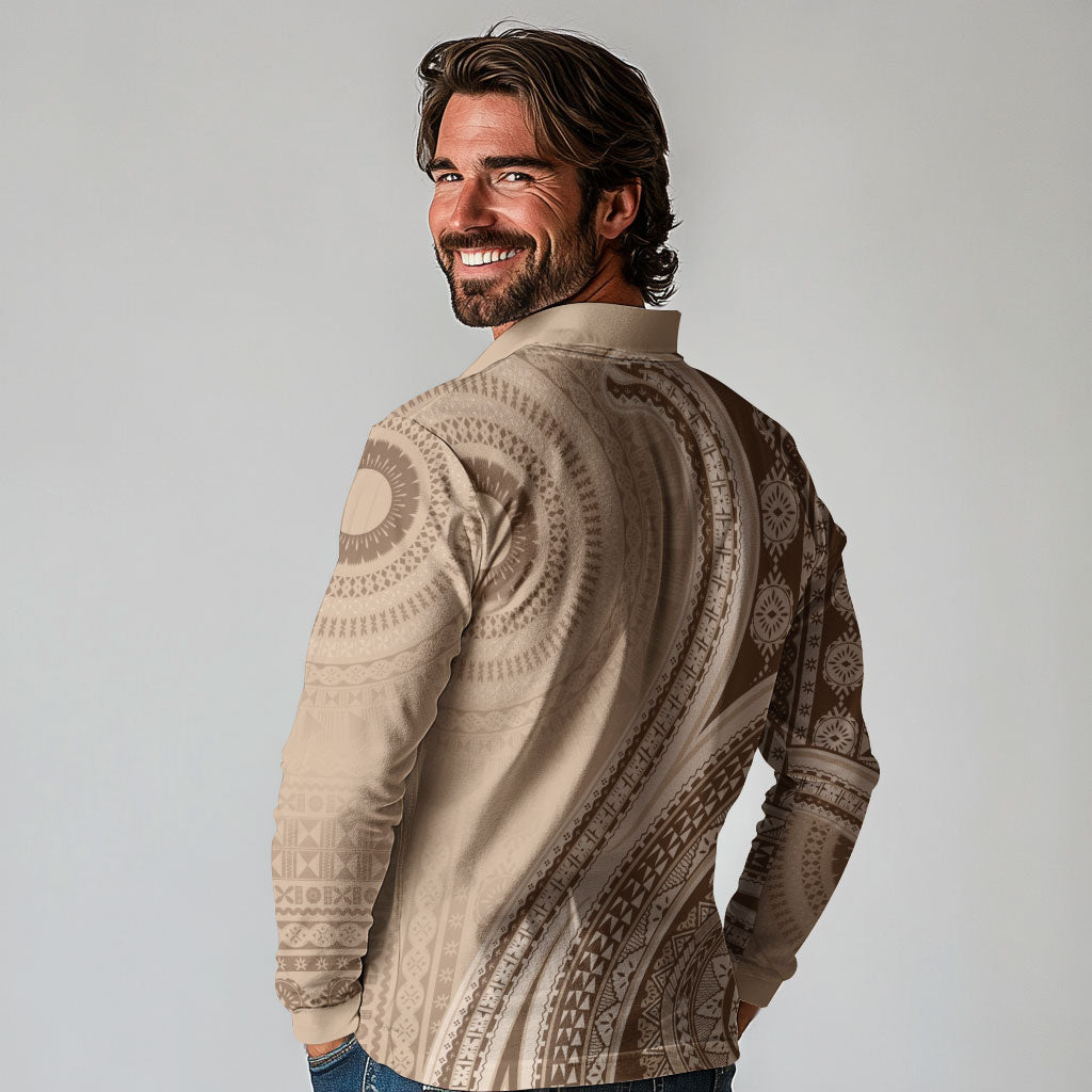 Bula Fiji Vintage Tapa Long Sleeve Polo Shirt Kaivity Masi Wave Motifs - Mocha