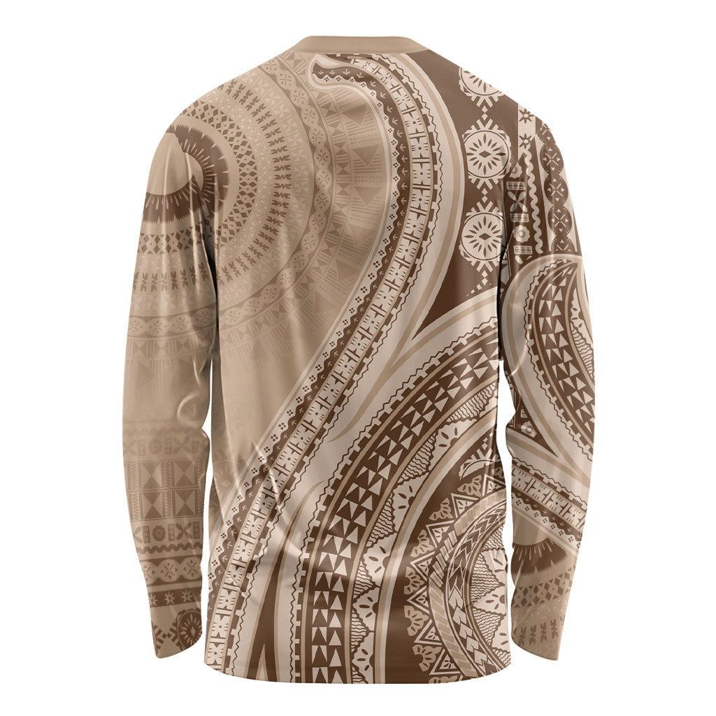 Bula Fiji Vintage Tapa Long Sleeve Shirt Kaivity Masi Wave Motifs - Mocha
