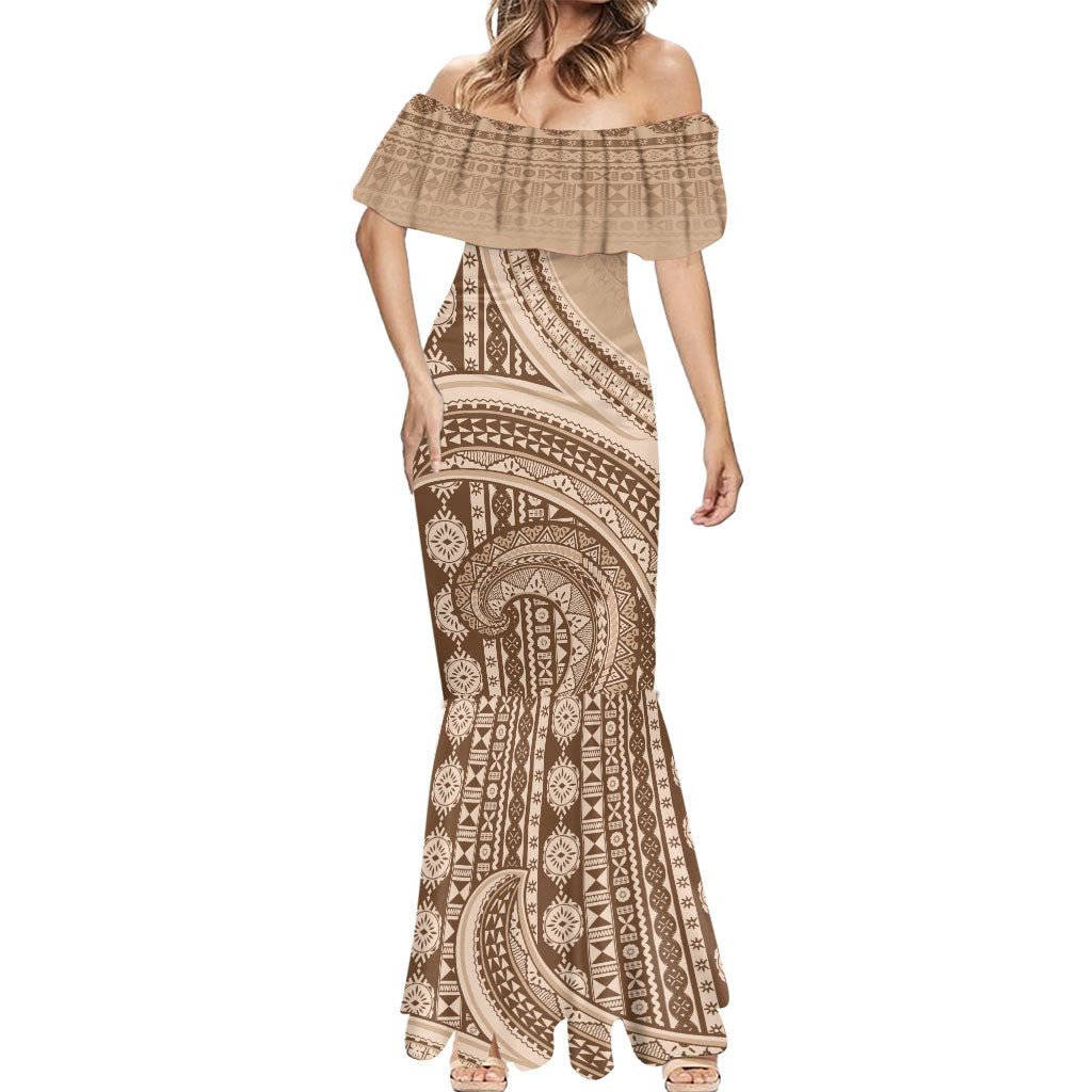 Bula Fiji Vintage Tapa Mermaid Dress Kaivity Masi Wave Motifs - Mocha
