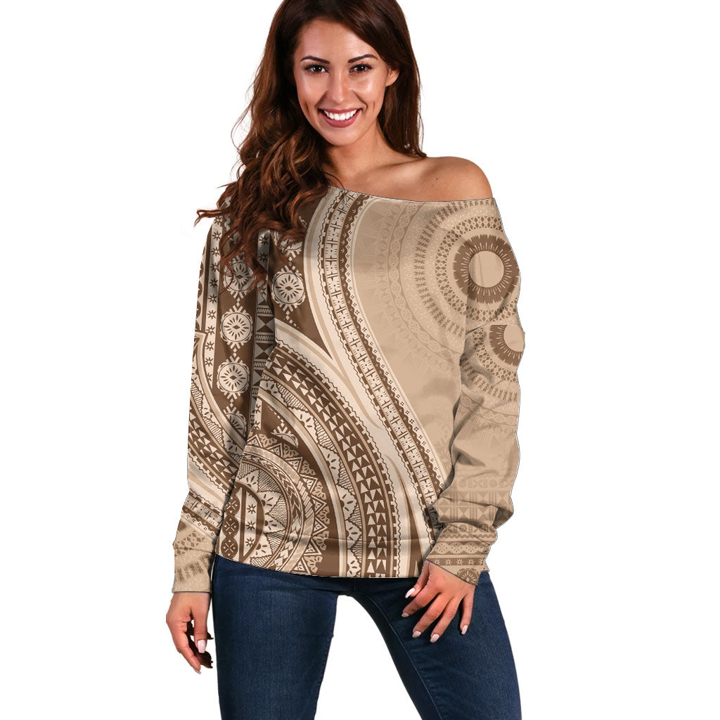 Bula Fiji Vintage Tapa Off Shoulder Sweater Kaivity Masi Wave Motifs - Mocha