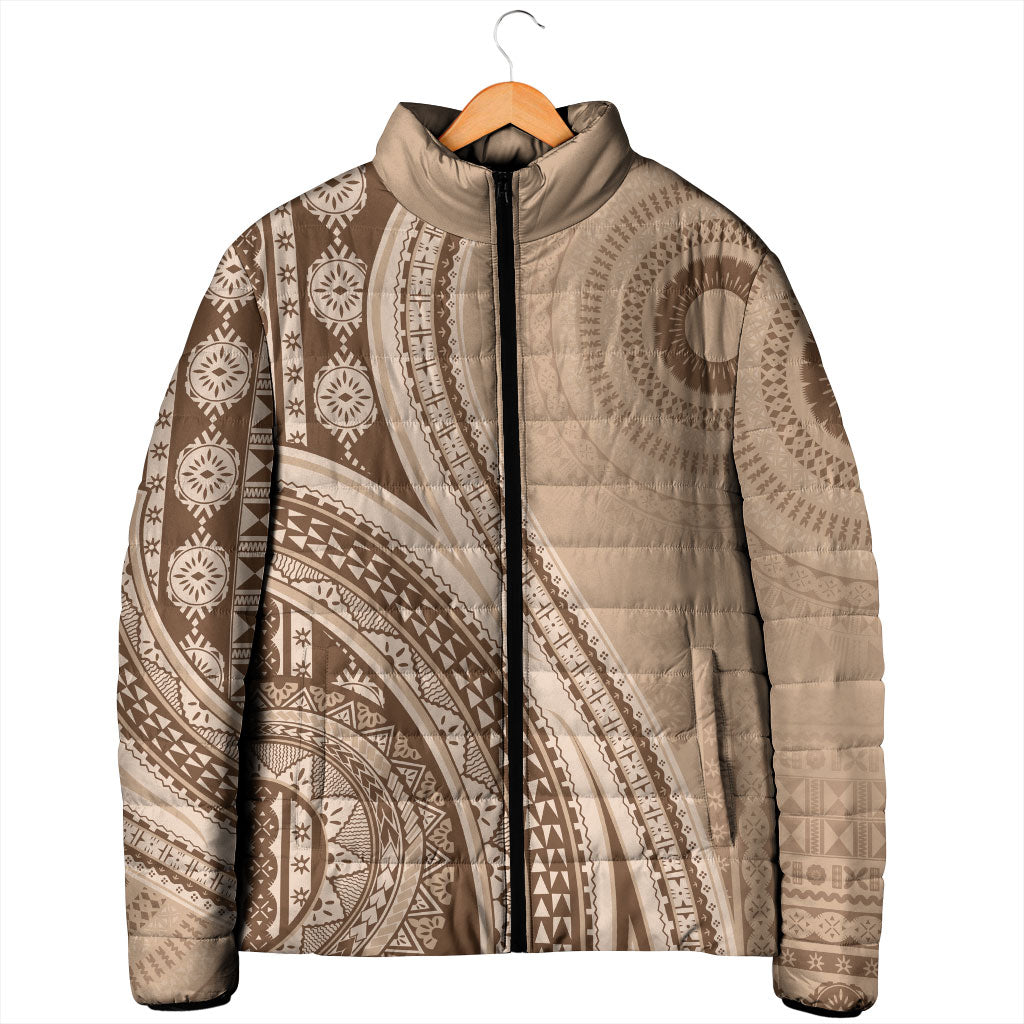 Bula Fiji Vintage Tapa Padded Jacket Kaivity Masi Wave Motifs - Mocha
