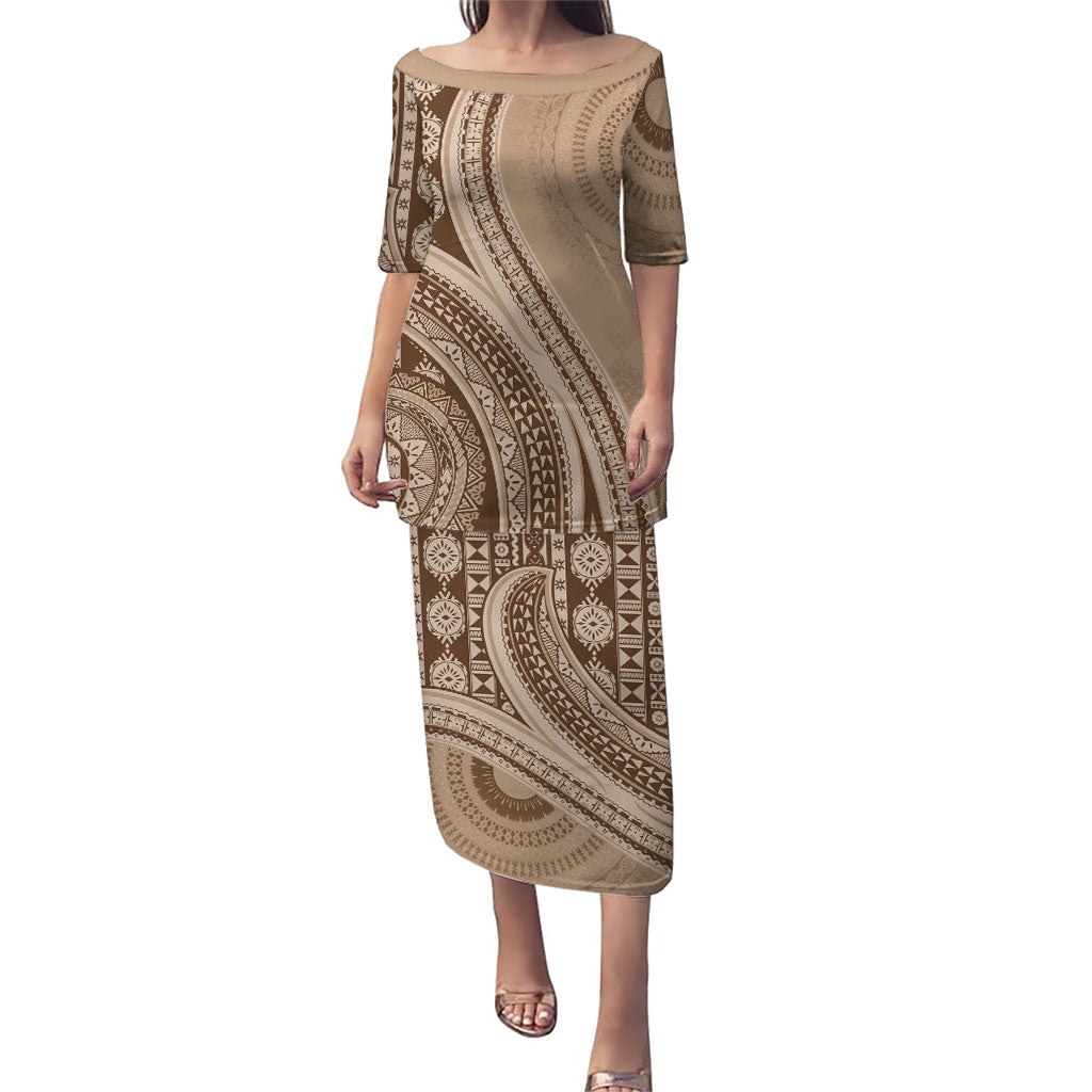 Bula Fiji Vintage Tapa Puletasi Kaivity Masi Wave Motifs - Mocha