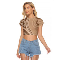 Bula Fiji Vintage Tapa Raglan Cropped T Shirt Kaivity Masi Wave Motifs - Mocha LT7 Female Beige - Polynesian Pride