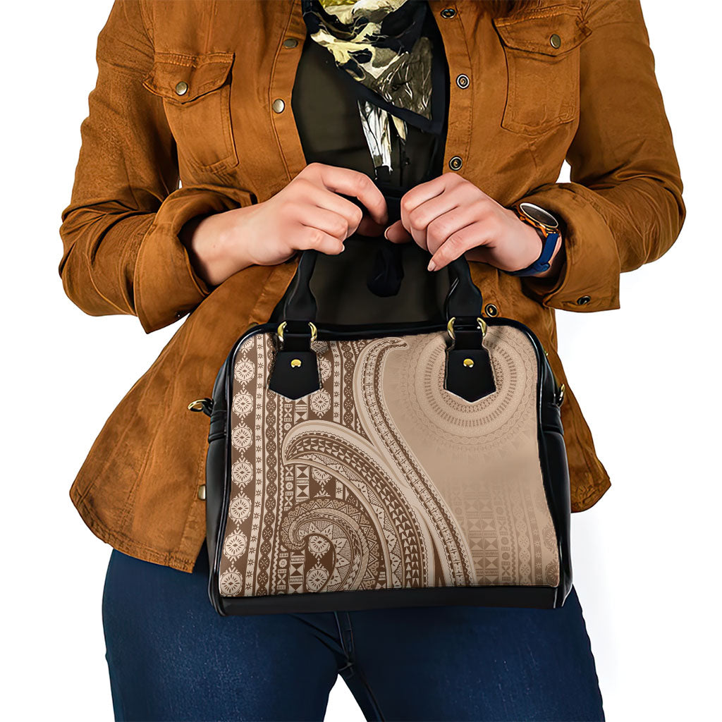 Bula Fiji Vintage Tapa Shoulder Handbag Kaivity Masi Wave Motifs - Mocha