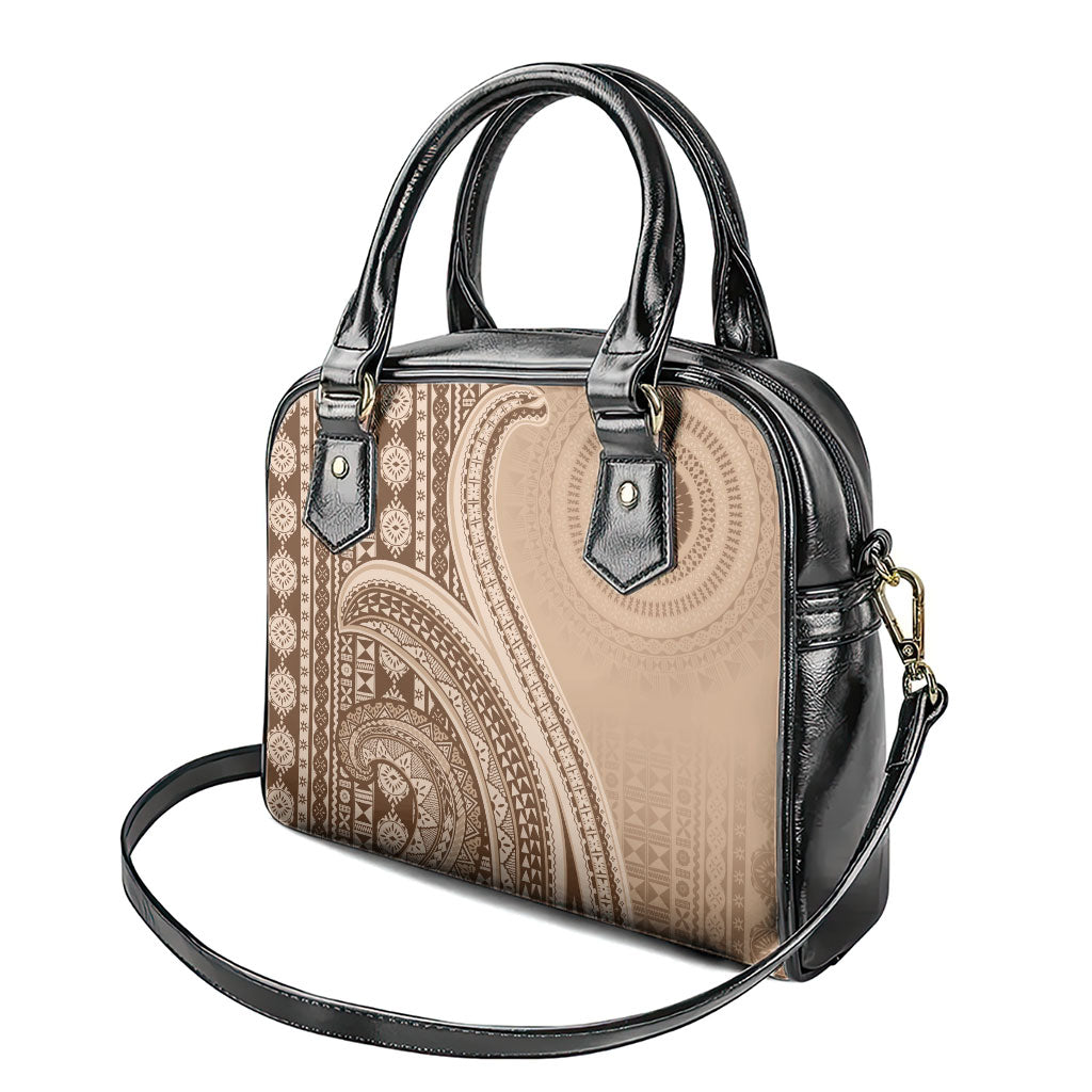 Bula Fiji Vintage Tapa Shoulder Handbag Kaivity Masi Wave Motifs - Mocha