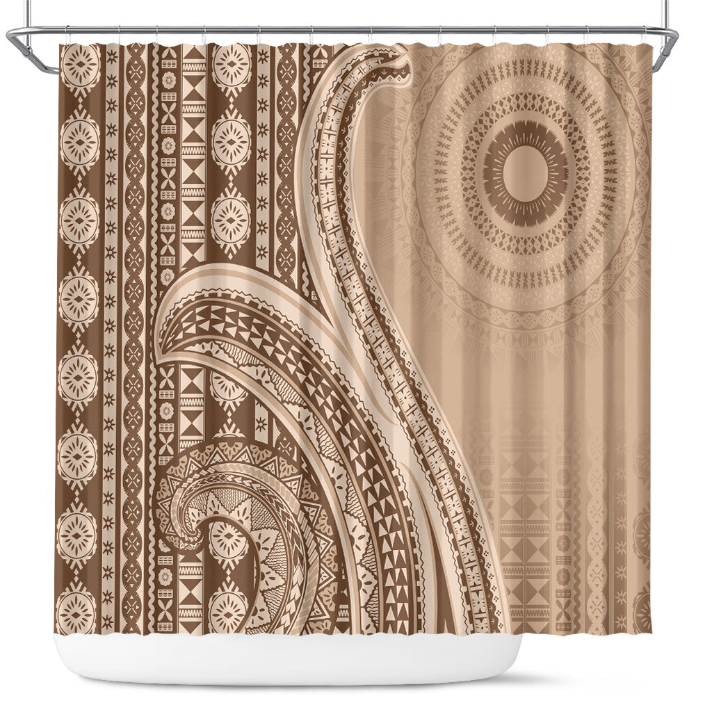 Bula Fiji Vintage Tapa Shower Curtain Kaivity Masi Wave Motifs - Mocha