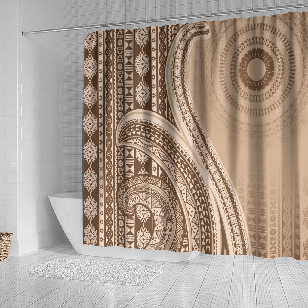 Bula Fiji Vintage Tapa Shower Curtain Kaivity Masi Wave Motifs - Mocha