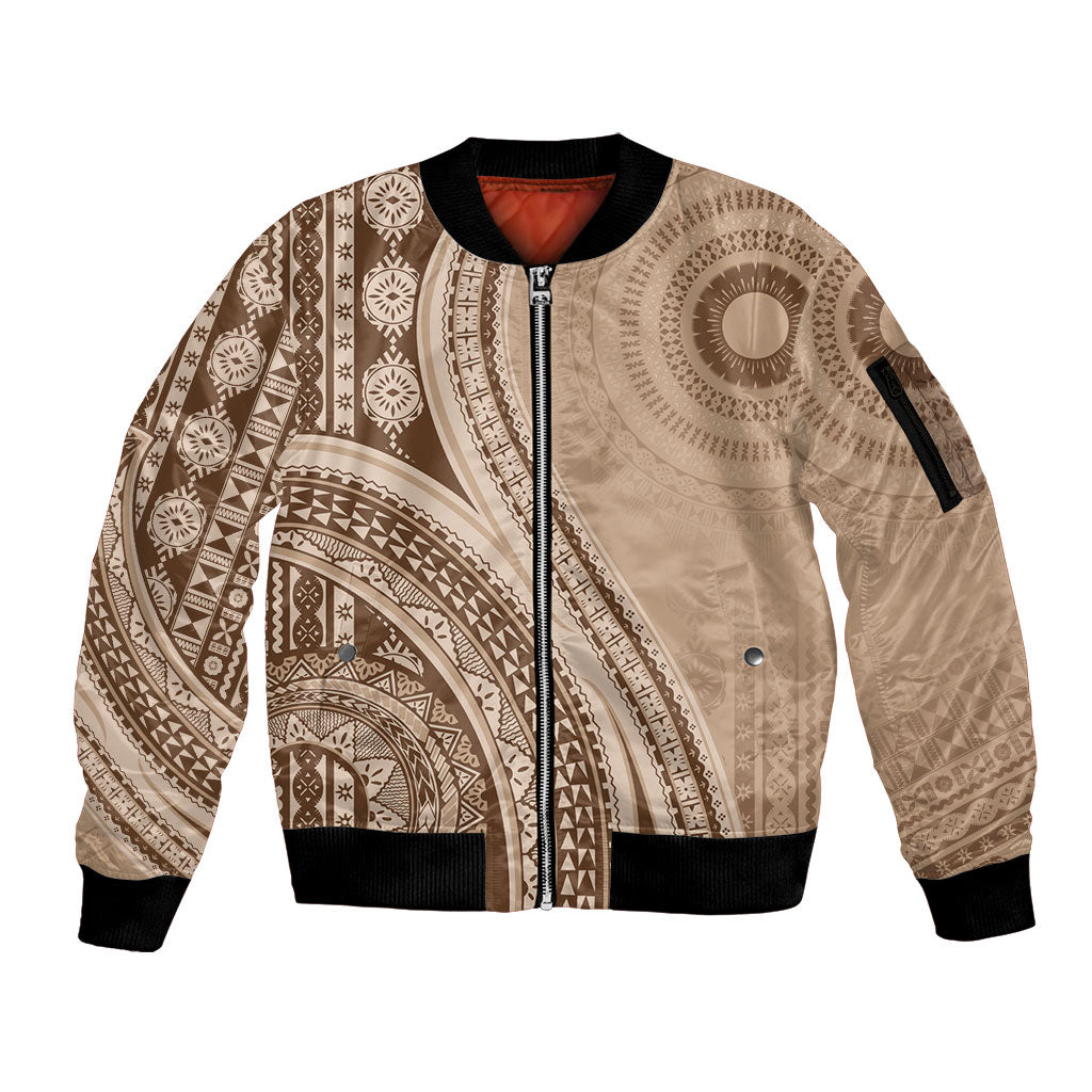Bula Fiji Vintage Tapa Sleeve Zip Bomber Jacket Kaivity Masi Wave Motifs - Mocha