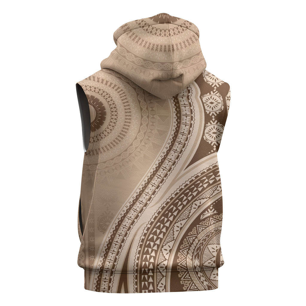 Bula Fiji Vintage Tapa Sleeveless Hoodie Kaivity Masi Wave Motifs - Mocha