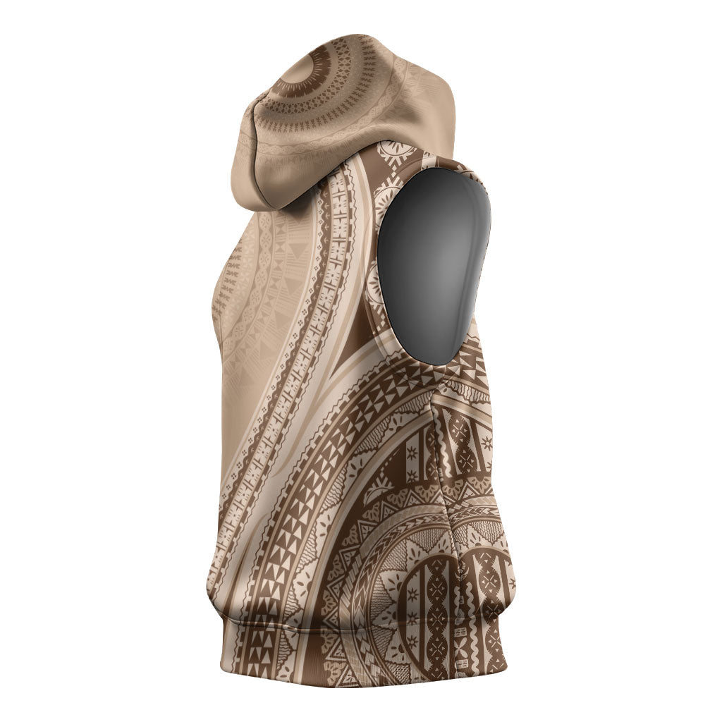 Bula Fiji Vintage Tapa Sleeveless Hoodie Kaivity Masi Wave Motifs - Mocha