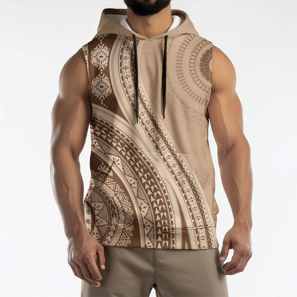Bula Fiji Vintage Tapa Sleeveless Hoodie Kaivity Masi Wave Motifs - Mocha