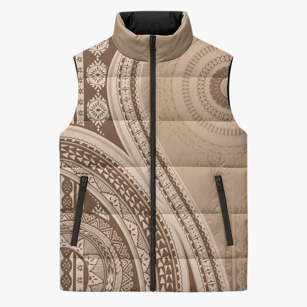 Bula Fiji Vintage Tapa Sleeveless Puffer Jacket Kaivity Masi Wave Motifs - Mocha