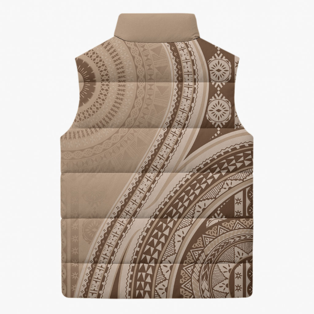 Bula Fiji Vintage Tapa Sleeveless Puffer Jacket Kaivity Masi Wave Motifs - Mocha