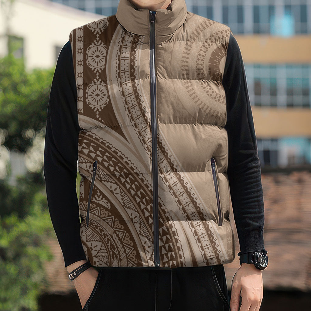 Bula Fiji Vintage Tapa Sleeveless Puffer Jacket Kaivity Masi Wave Motifs - Mocha